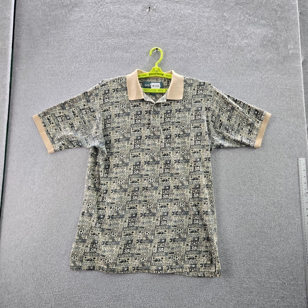 VINTAGE Big Dogs Men Polo LARGE Beige Geometric Button Short Sleeve